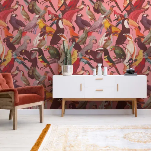 Colorful Tropical Bird Pattern Wallpaper Mural