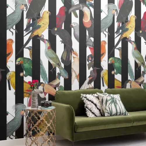 Colorful Tropical Birds & Stripes Pattern Wallpaper Mural