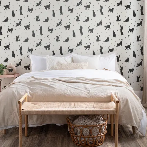 Mural Papel Pintado Blanco y Negros con Motivo de Gatos y Estrellas
