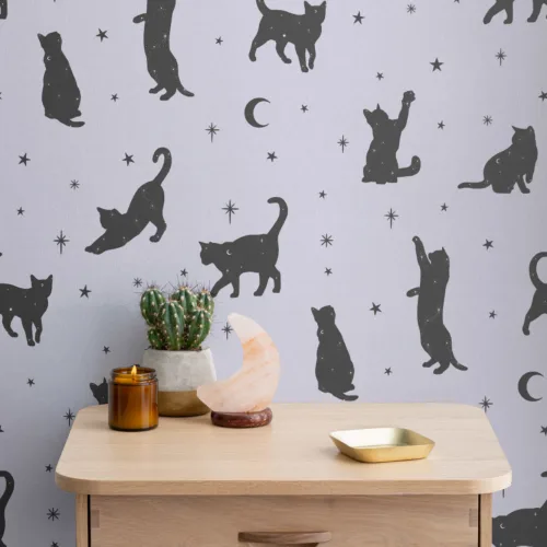 Pastell Lilla Svart Katt Måne & Stjerner Mønster Fototapet