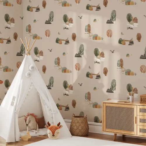 Kids Painted Woodland Animals Repeat Pattern Wallpaper
