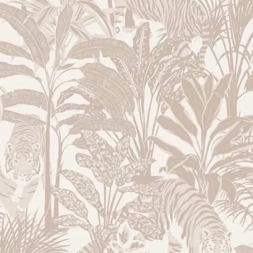 Carta da Parati Beige con Motivo di Tigri e Piante Tropicali
