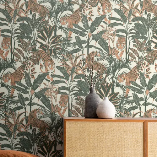 Tropical Tiger Jungle Plants Repeat Pattern Wallpaper