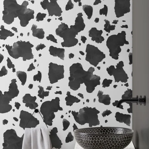 Painted Black and White Cow Print Repeat Pattern Wallpaper