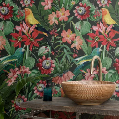 Multicolor Tropical Leaves, Florals and Parrots Wallpaper