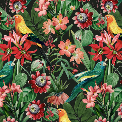 Multicolor Tropical Leaves, Florals and Parrots Wallpaper