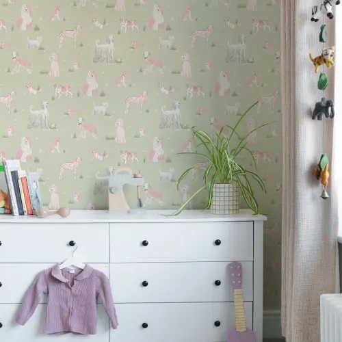 Groene en Roze Speelse Honden Muurschildering