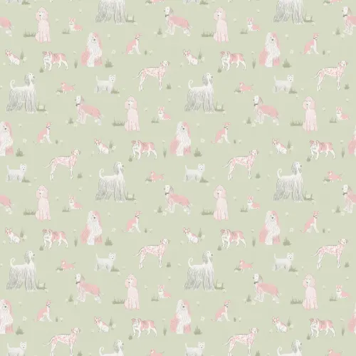 Groene en Roze Speelse Honden Muurschildering
