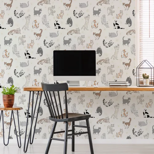 Neutrale Kattenpatroon Muurschildering Met Speelse Kattencharme