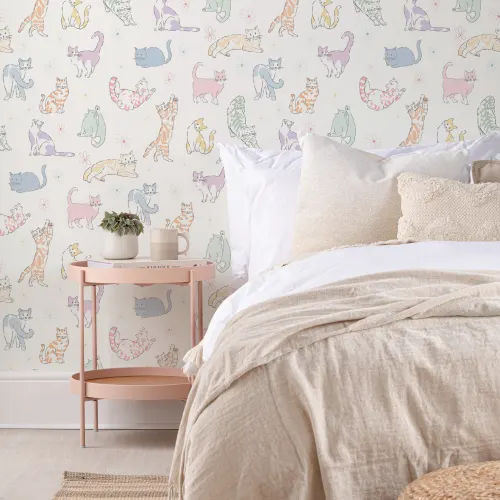 Multicolour Playful Cat Kids' Mural for Cheerful Spaces