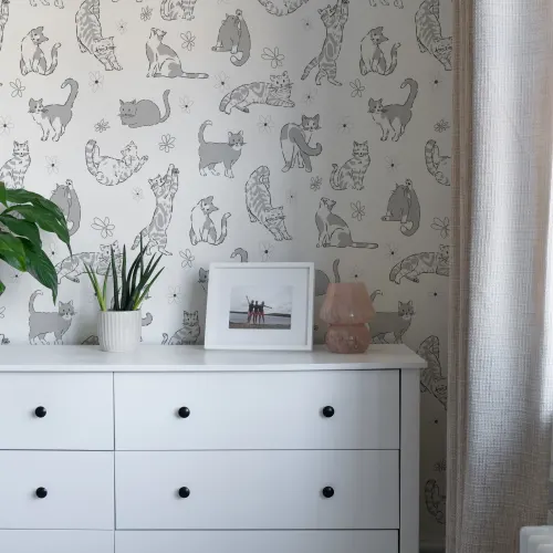 Grijs kattenpatroon kindermuurschildering voor speelse ruimtes
