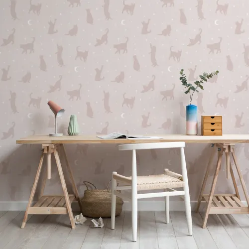 Mural de papel pintado Gato rosa Luna y estrellas
