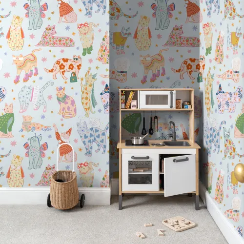 Blue Cats in Outfits Print Mural