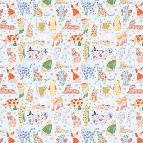 Blue Cats in Outfits Print Mural
