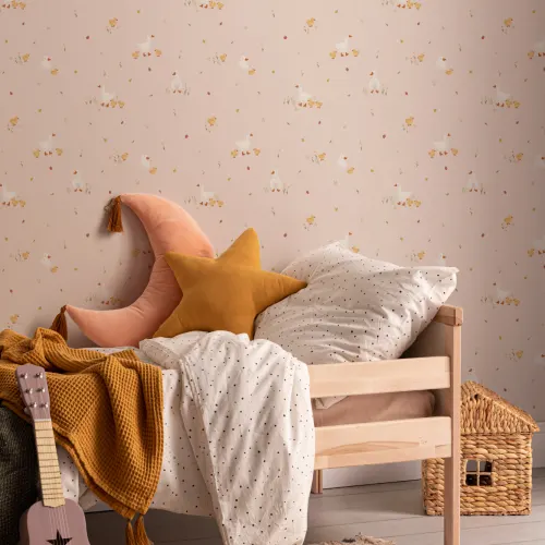 Pink Cute Beige Duck & Ducklings Print Wallpaper