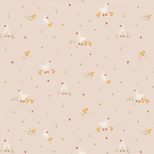 Pink Cute Beige Duck & Ducklings Print Wallpaper