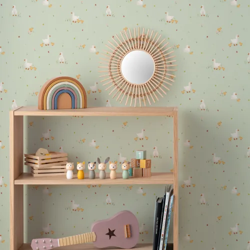 Groen Schattig Beige Eend & Eendjes Print Behang