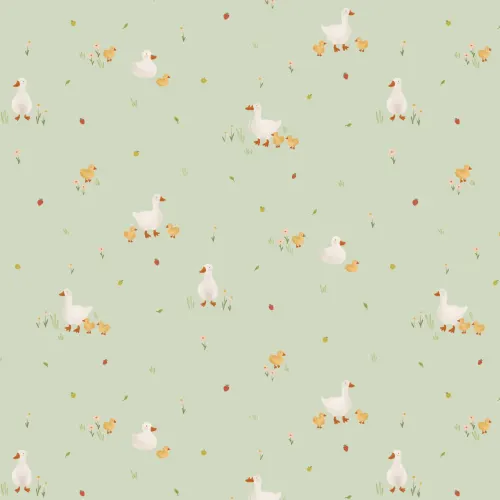 Groen Schattig Beige Eend & Eendjes Print Behang