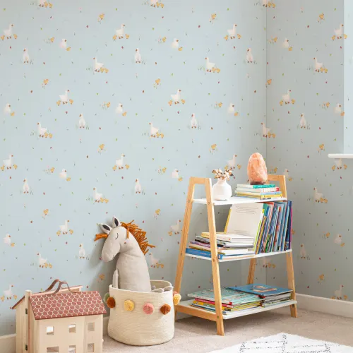 Blue Cute Beige Duck & Ducklings Print Wallpaper