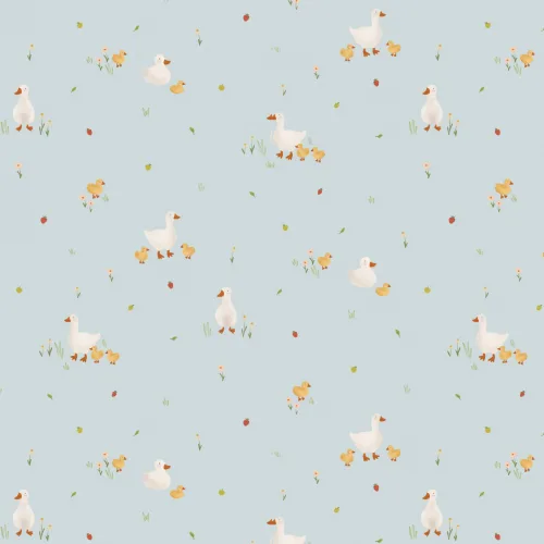 Blue Cute Beige Duck & Ducklings Print Wallpaper
