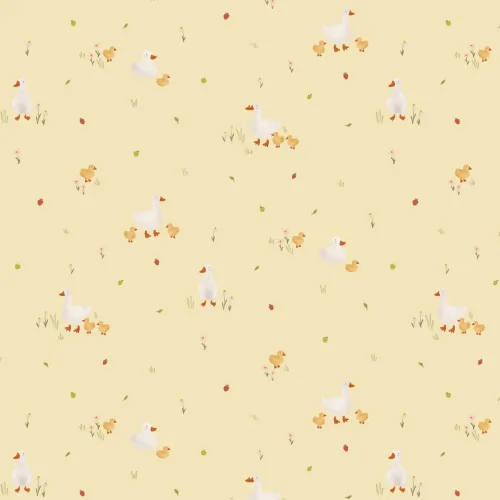 Yellow Cute Beige Duck & Ducklings Print Wallpaper