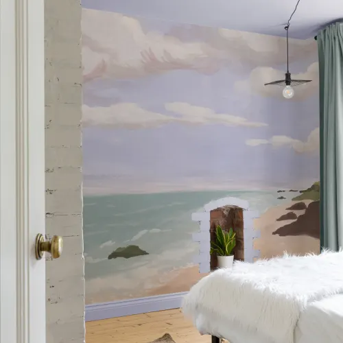 Spokojna pastelowa fototapeta z przybrzeżną sceną plażową