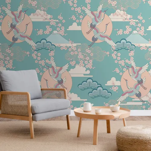Mural de papel de parede do céu oriental verde e cor-de-rosa