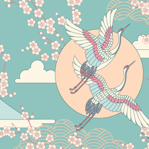 Mural de papel de parede do céu oriental verde e cor-de-rosa