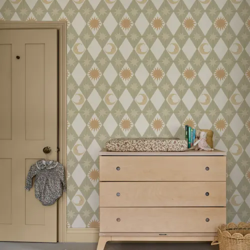 Green Geometric Pattern Mural For Retro Vibe Spaces