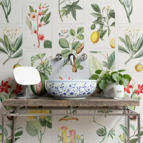Papier Peint Motif Carreaux Fruits et Fleurs Botaniques