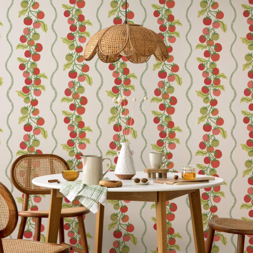 Beige, botanisk, stribet fototapet med vinranker og tomater