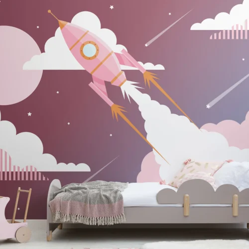 Mural Papel Pintado Niños Cohete Espacial Rosa