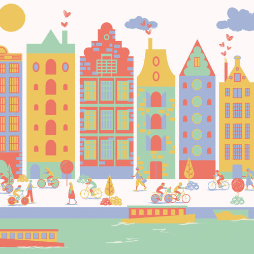 Carta da Parati Città di Amsterdam Illustrata Multicolor