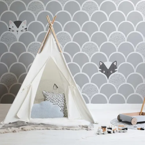Mural Papel Pintado Gris Gatitos Saltarines para Niños