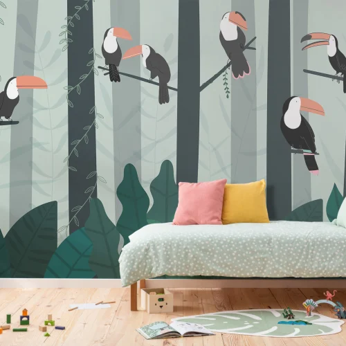 Illustrated Toucan Rainforest Canopy Wallpaper Mural