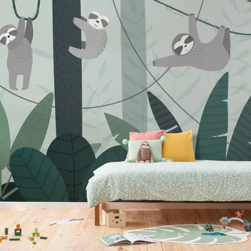 Papier Peint Panoramique Motifs de Paresseux dans la Forêt Tropicale