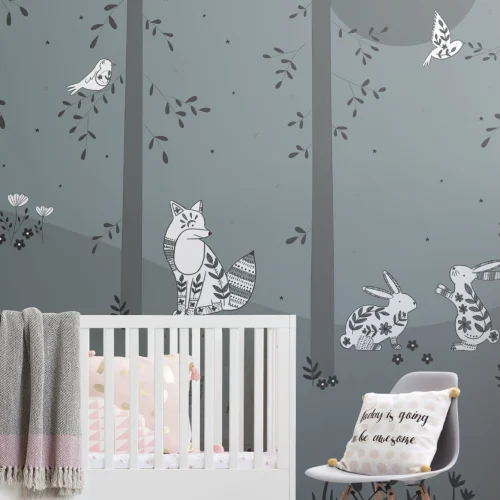 Papier Peint Panoramique Pour Enfant avec Forêt Vert et Animaux