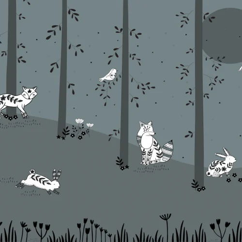 Papier Peint Panoramique Pour Enfant avec Forêt Vert et Animaux