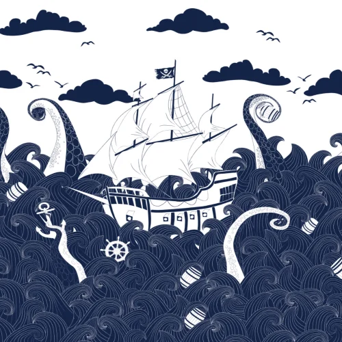 Mural Papel Pintado Infantil Blanco y Azul Oscuro con Barco Pirata