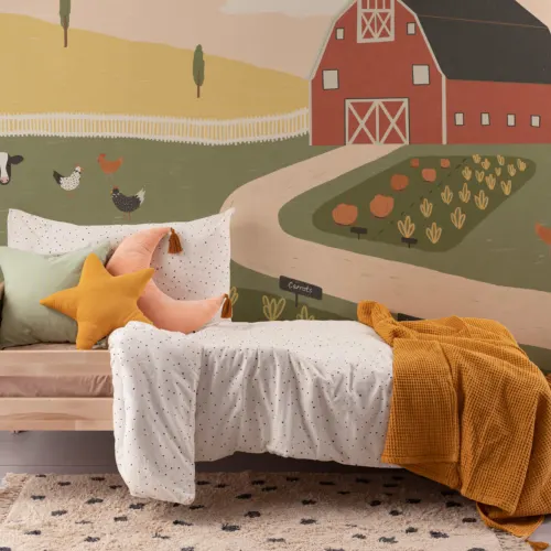 Mural Papel Pintado para Niños con Ilustración Colorida de Casa de Campo