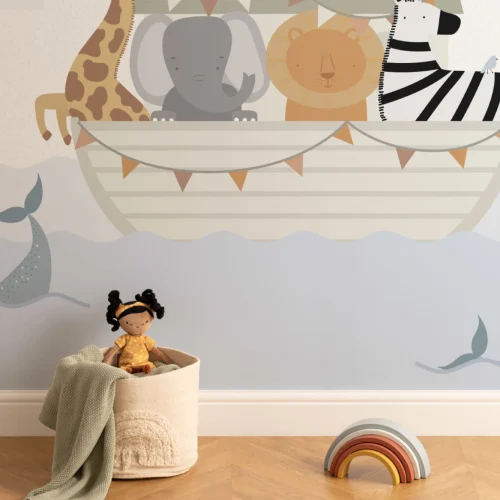 Papier Peint Dessins des Animaux de l’Arche de Noé aux Tons Pastel
