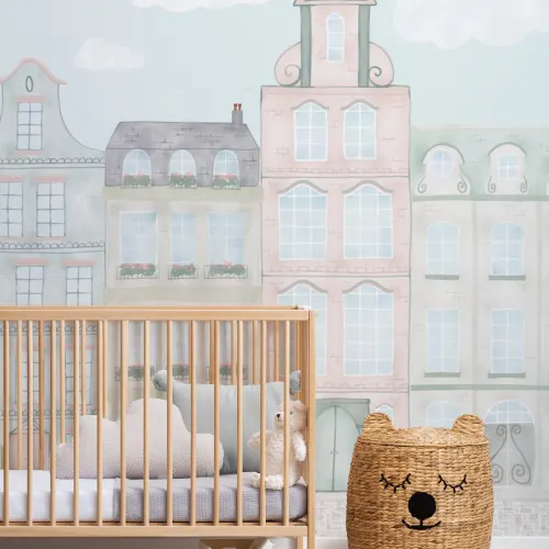 Pastel Watercolour Kids City Landscape Wallpaper Mural