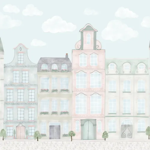 Pastel Watercolour Kids City Landscape Wallpaper Mural