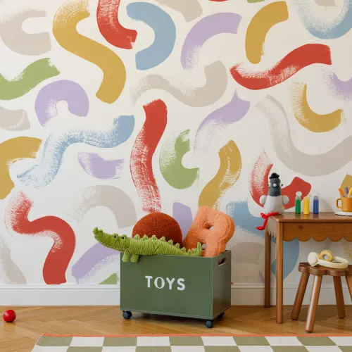 Hand-Painted Wiggle Shapes Wall Mural in Multi-Colored Tones