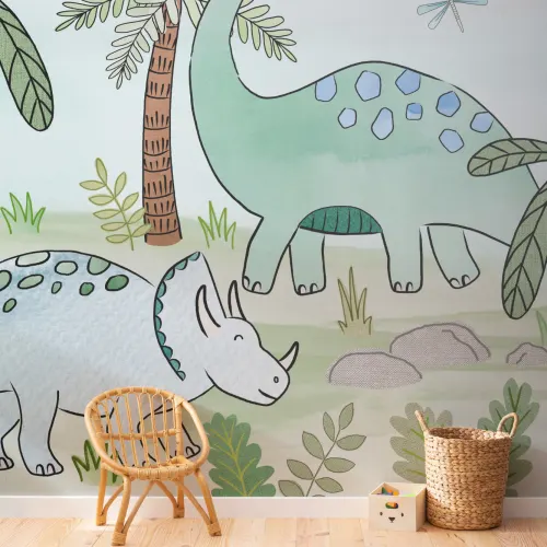 Sweet Dinosaurs and Trees Repeat Pattern Wall Mural
