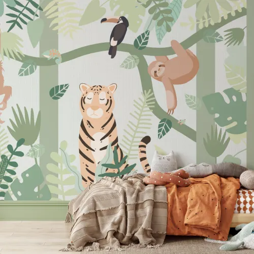 Papier peint panoramique des amis des animaux de la jungle verte pour enfants