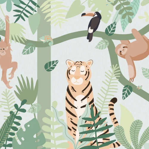 Papier peint panoramique des amis des animaux de la jungle verte pour enfants