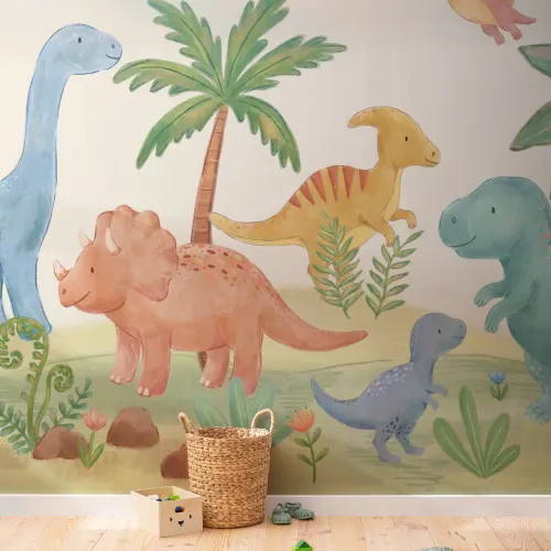 Veelkleurige Dinosaur Paradise kindermuurschildering voor speelse ruimtes