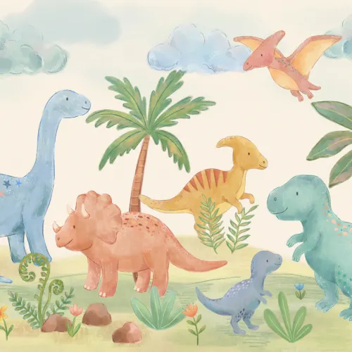 Veelkleurige Dinosaur Paradise kindermuurschildering voor speelse ruimtes