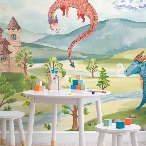Kinderen aquarel draken & kasteel muurschildering